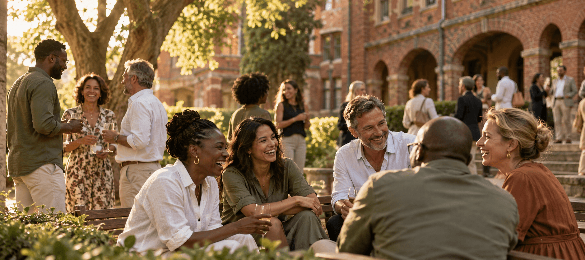 Illustrative scene of adult alumni reconnecting in a school courtyard